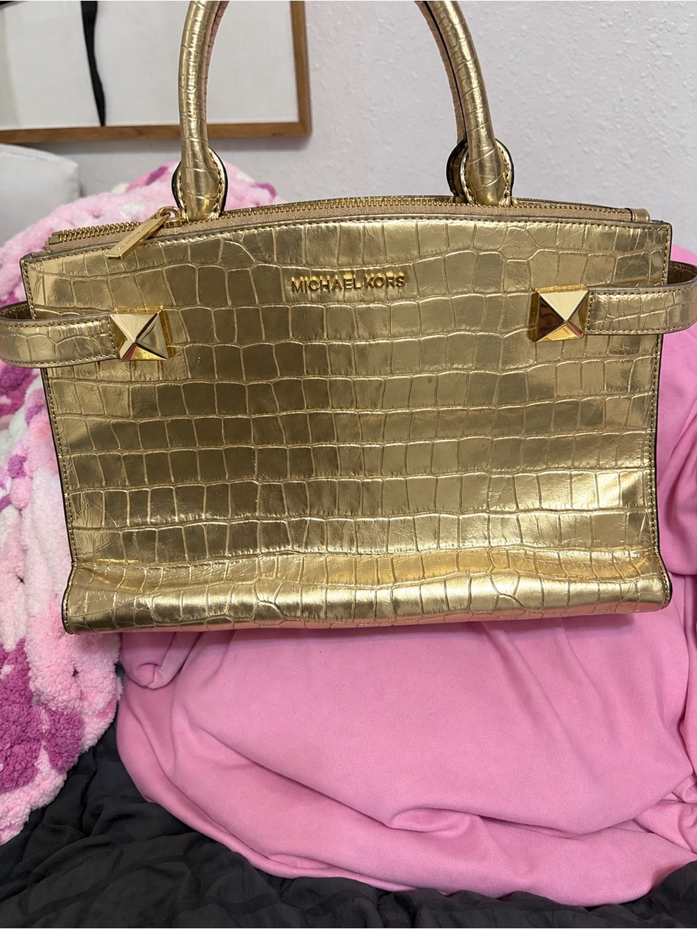 Michael Kors Metallic Gold Croc-Embossed Satchel
